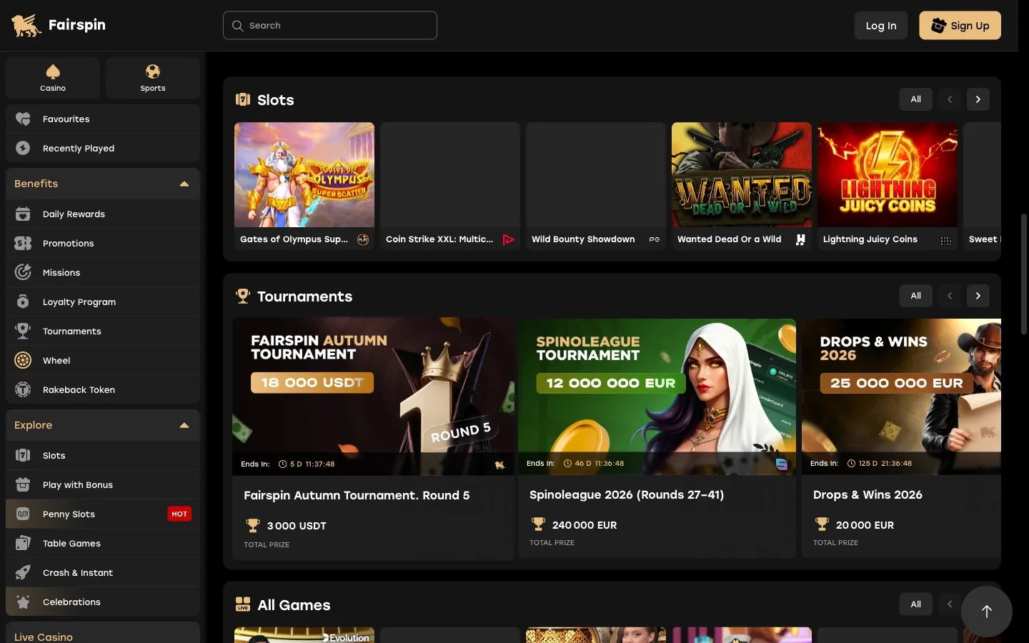 FairSpin slots grid with Pragmatic Play and Hacksaw Gaming titles on a Canadian account